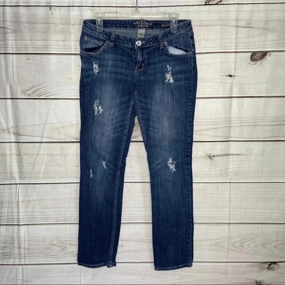 Arizona Jean Co Skinny Jeans Women Size 9 Blue Distressed Low‎ Rise Dark Wash